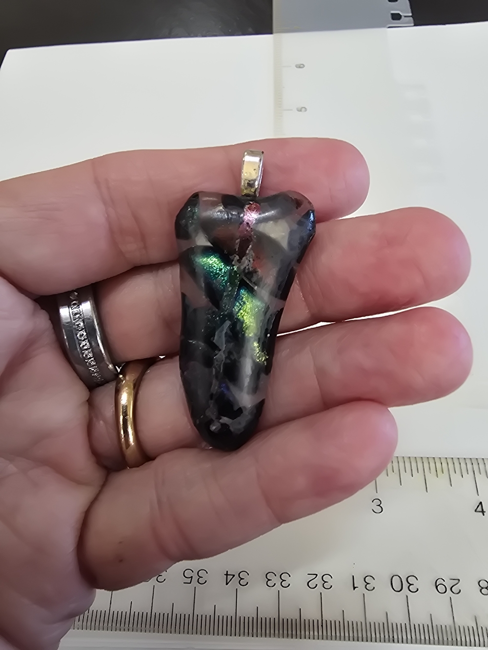 Handmade Black Glass Pendant with Iridescent Green Accent